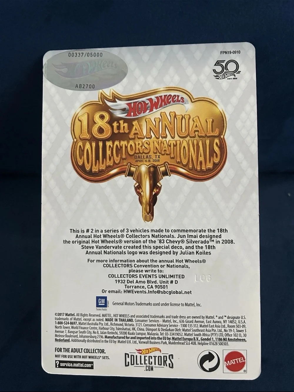 HOT WHEELS 18TH ANNUAL COLLECTORS NATIONALS  83 CHEVY SILVERADO #337/5000